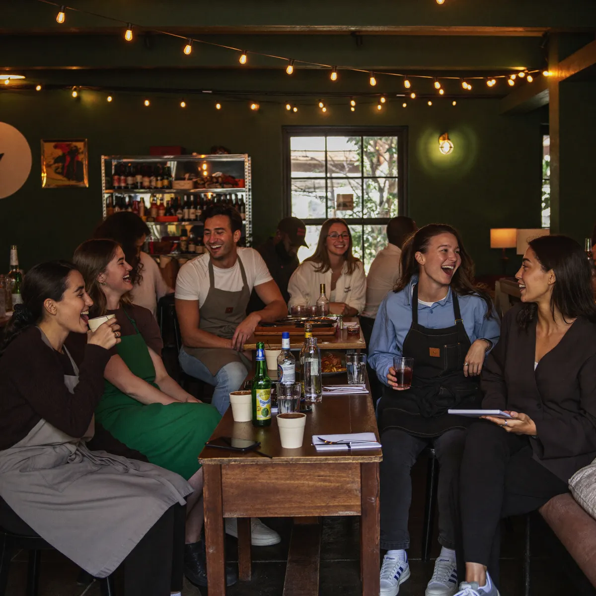 Crew-Mitglieder lachen zusammen beim After-Work im Studio