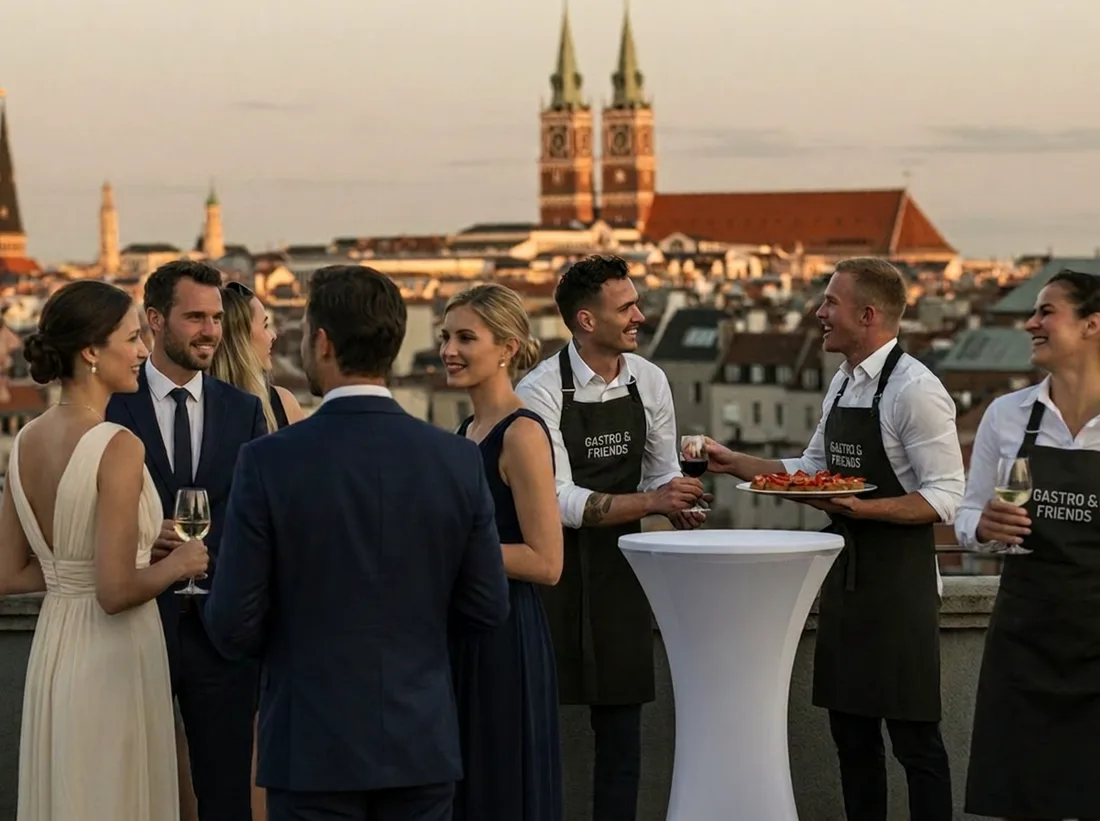 Cocktailempfang auf einer Münchner Dachterrasse — Gastro & Friends Service in weißem Hemd und schwarzer Logo-Schürze