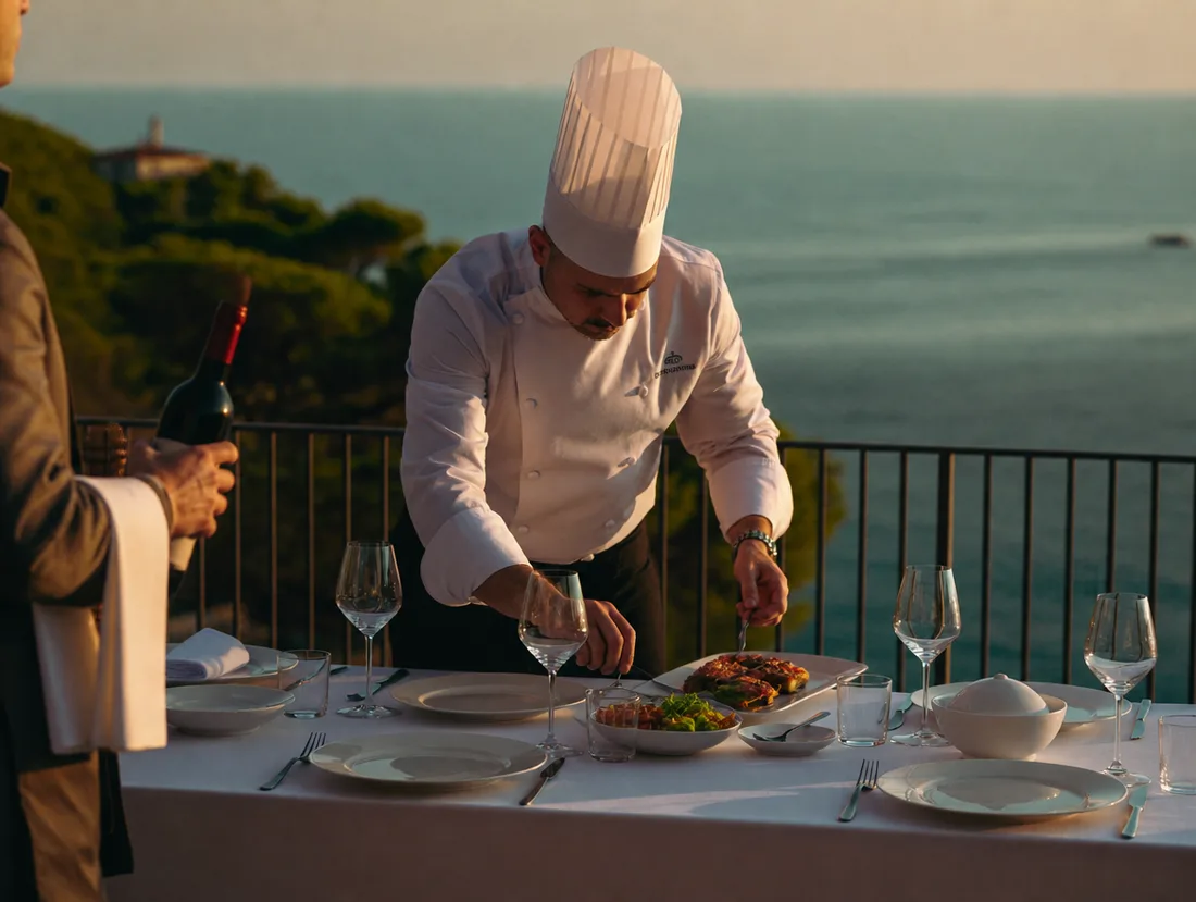 Private Chef richtet ein Dinner auf einer Villenterrasse am Mittelmeer an